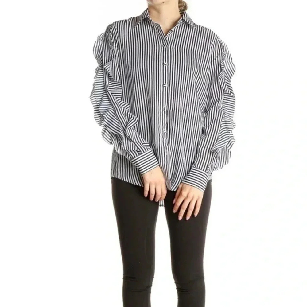 Banana Republic Dillon Shirt Blue Stripe Button-up Size XS Ruffle Long Sleeves